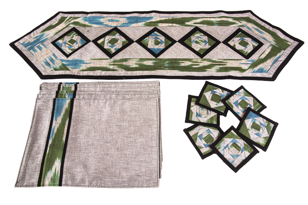 Ikat Hand Quilted Table Runner Set with Placemats Coasters Blue Green Gray Black - HoonArts - 1