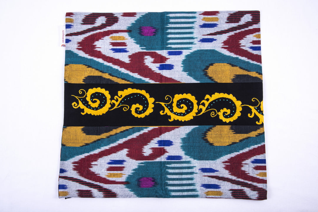 Ikat and Suzani Embroidery Pillow Cover, "Mavj" (Ripple) - HoonArts - 3
