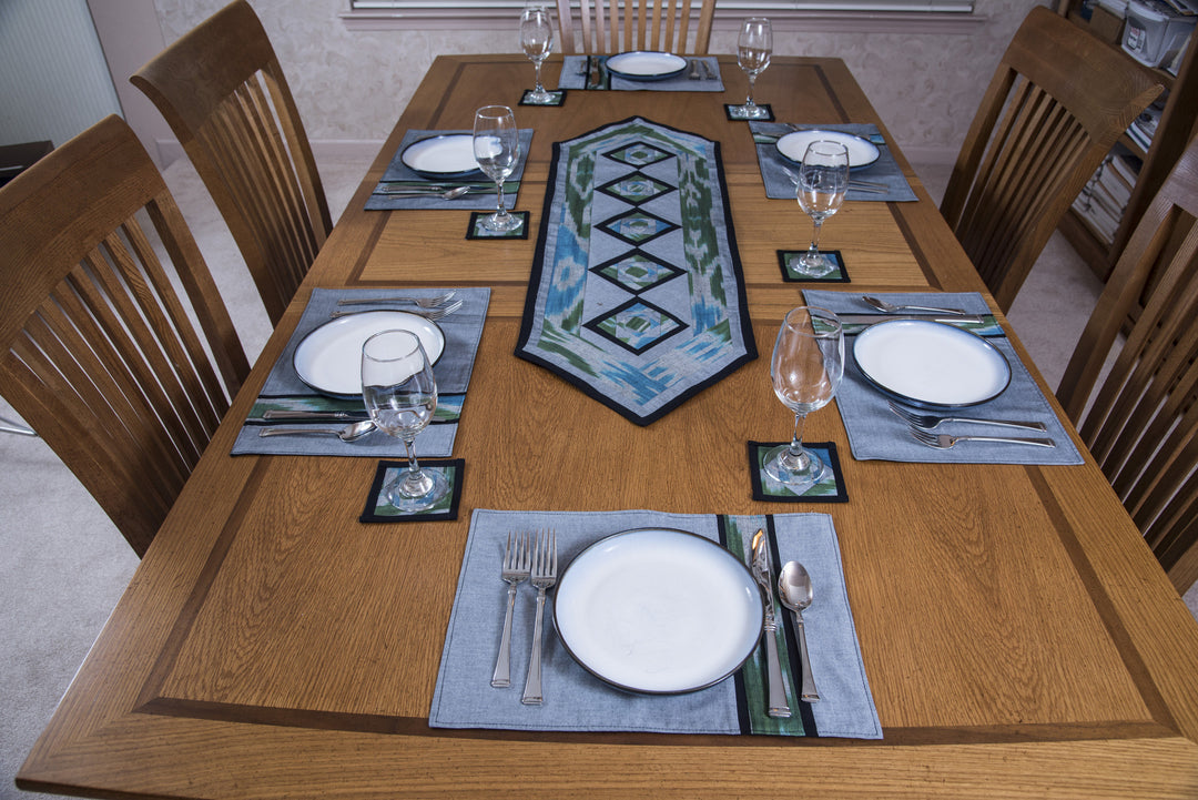 Ikat Hand Quilted Table Runner Set with Placemats Coasters Blue Green Gray Black - HoonArts - 2
