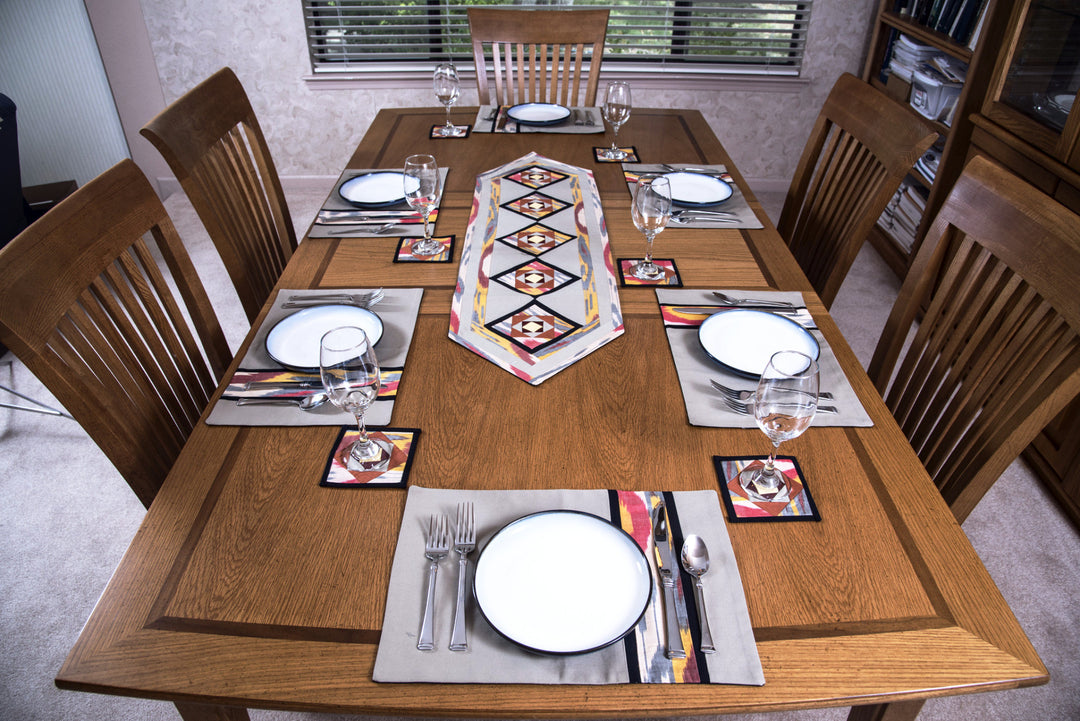 Ikat Hand Quilted Table Runner Set w mats & Coasters Beige Red Gold Black - HoonArts