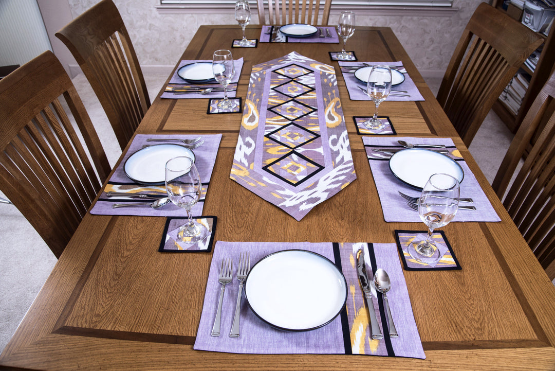 Ikat Hand Quilted Table Runner Set w mats & Coasters Lavender White Gold - HoonArts - 2