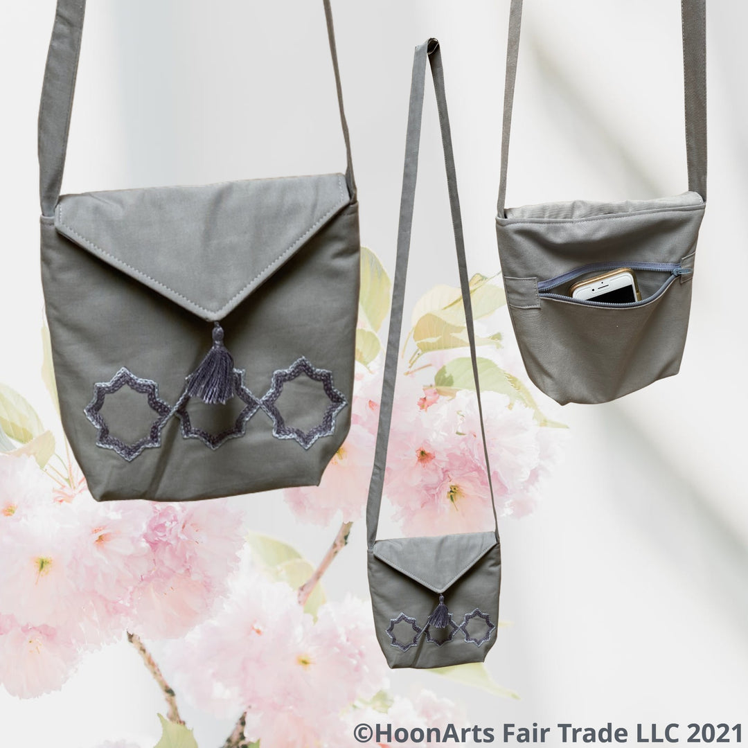 Grey Cross-Body Shoulder Bag With Hand Embroidered Eastern Star Pattern Design For Any Casual Wear | HoonArts Fair Trade