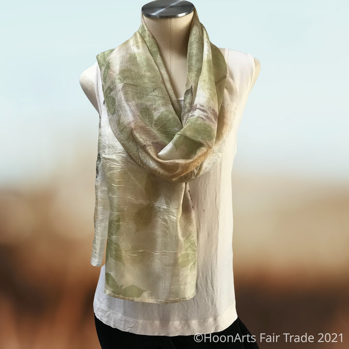 Eco-Printed Silk Scarf-Green with Golden Tones - made in Kyrgyzstan