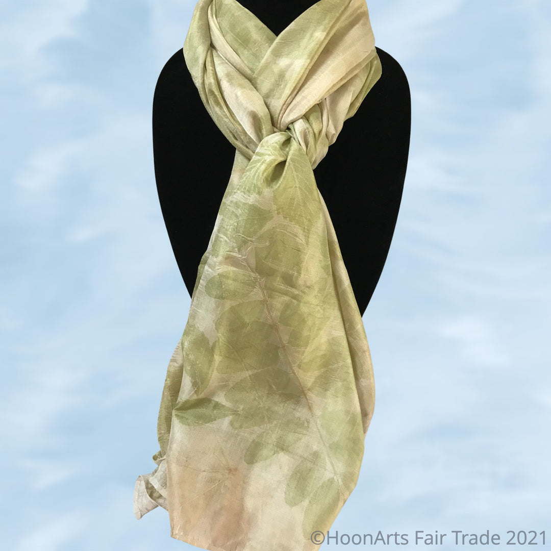 Eco-Printed Silk Scarf-Green with Golden Tones - made in Kyrgyzstan