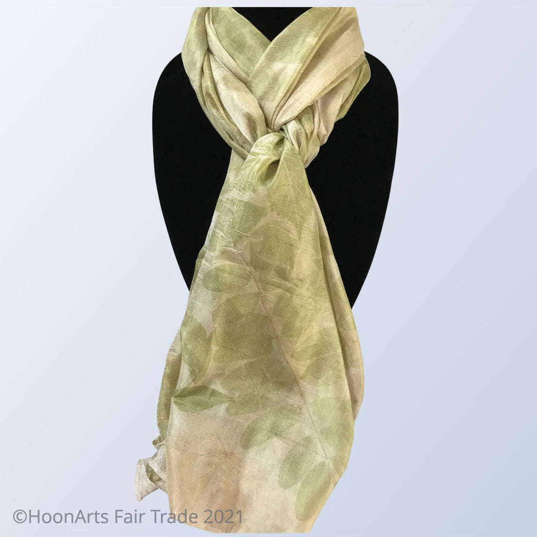 Eco-Printed Silk Scarf-Green with Golden Tones - made in Kyrgyzstan