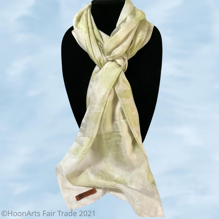 Eco-Printed Silk Scarf-Pale Green on White - handmade in Kyrgyzstan