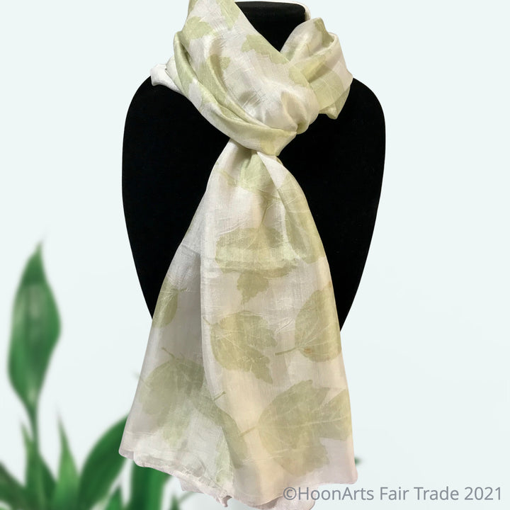 Eco-Printed Silk Scarf-Pale Green on White - handmade in Kyrgyzstan