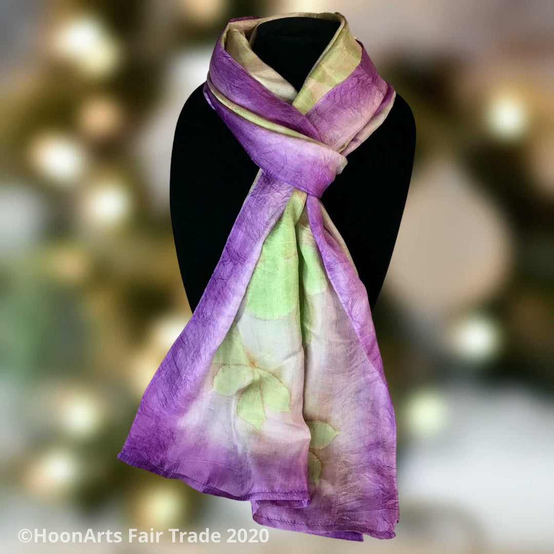 Handwoven and eco-printed silk scarf from Kyrgyzstan, with purple accents | HoonArts