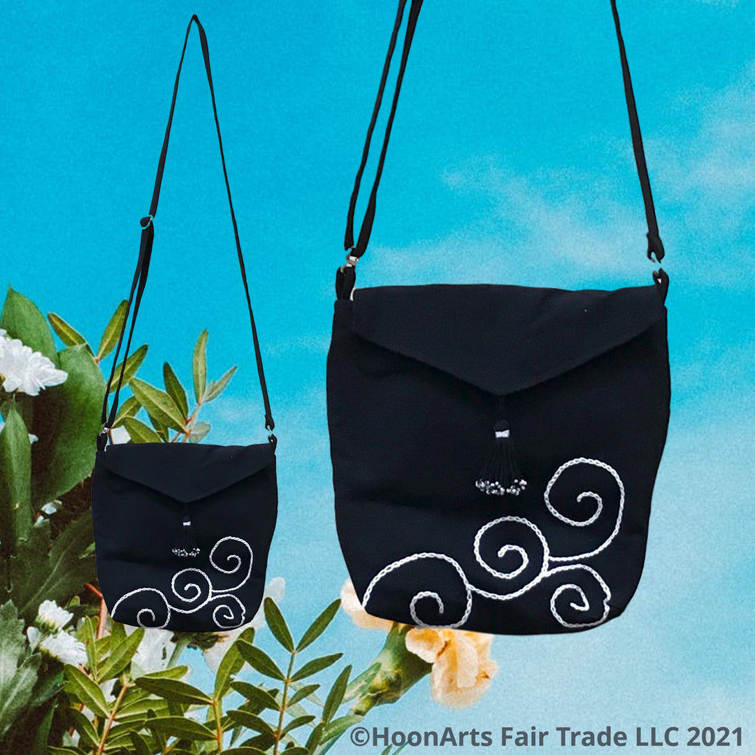 Embroidered White Swirl Pattern For Black Cross-Body Shoulder Bag Good For Any Casual Occasion And Fun Travel | HoonArts Fair Trade