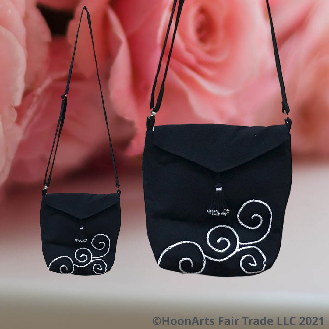 Embroidered Swirl Pattern Black & White Cross-Body Bag | HoonArts