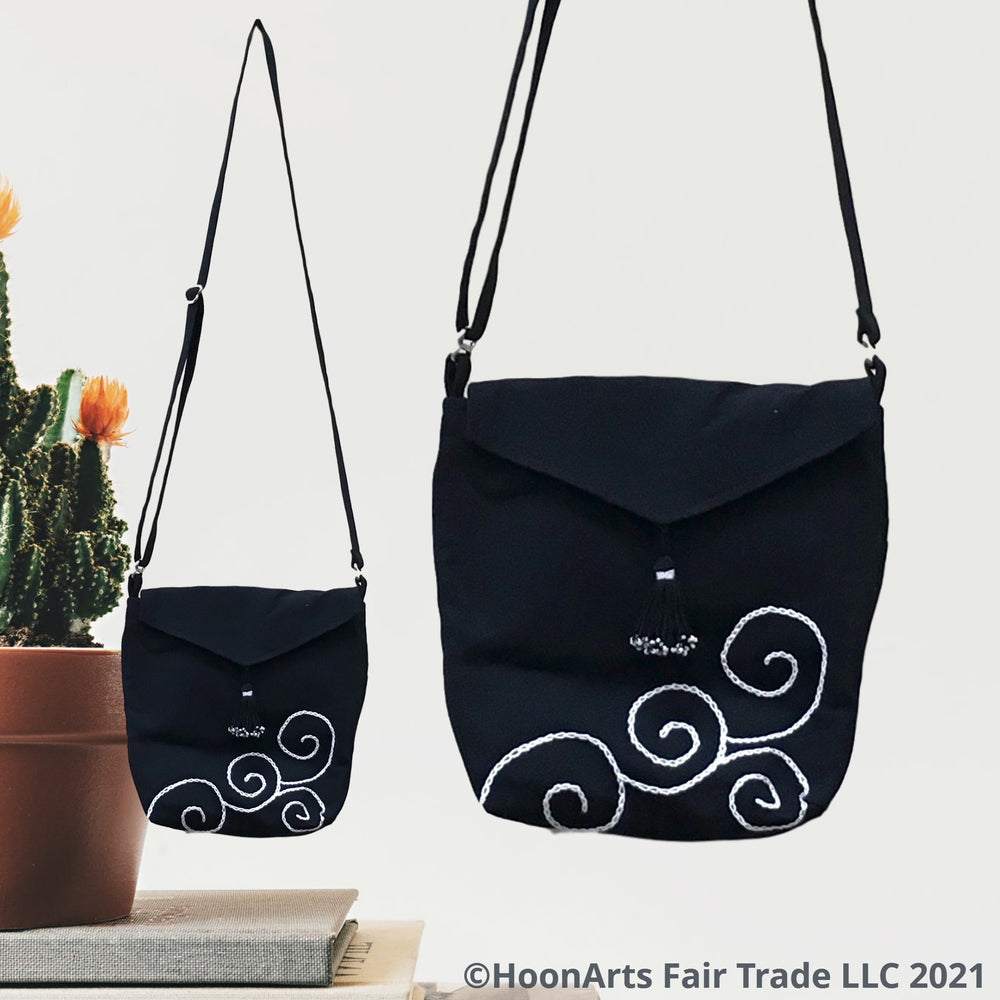 Black Shoulder Bag With White Swirl Design Perfect For Any Casual Events | HoonArts Fair Trade