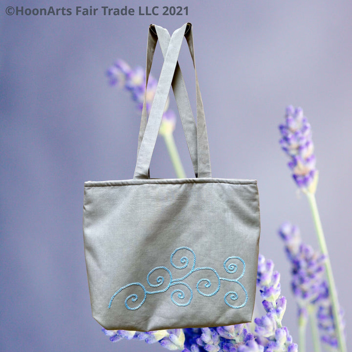 Grey Tote Bag With Blue Swirl Design | HoonArts