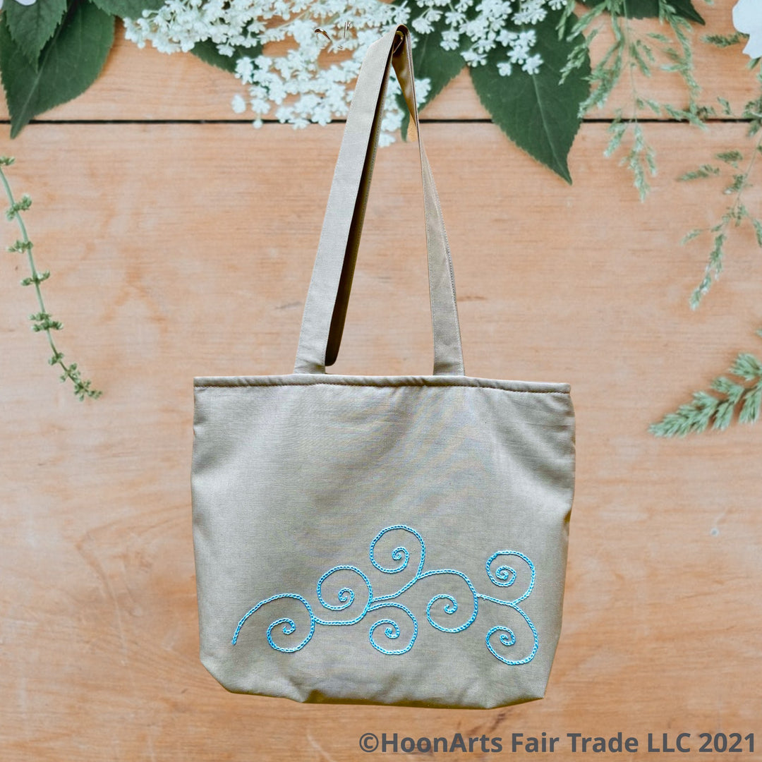 Embroidered Blue Swirl Tote Bag | HoonArts