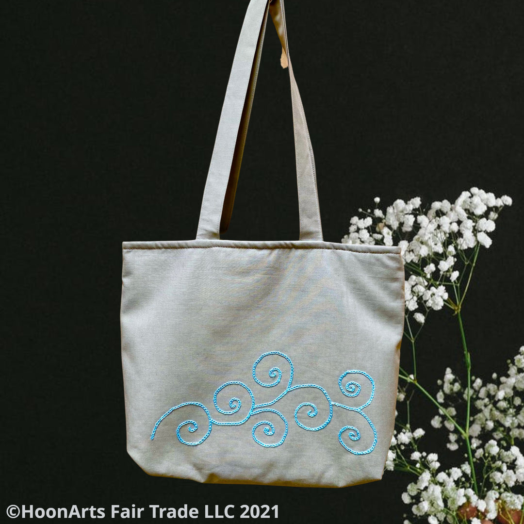 Embroidered Blue Swirl Design Tote Bag | HoonArts