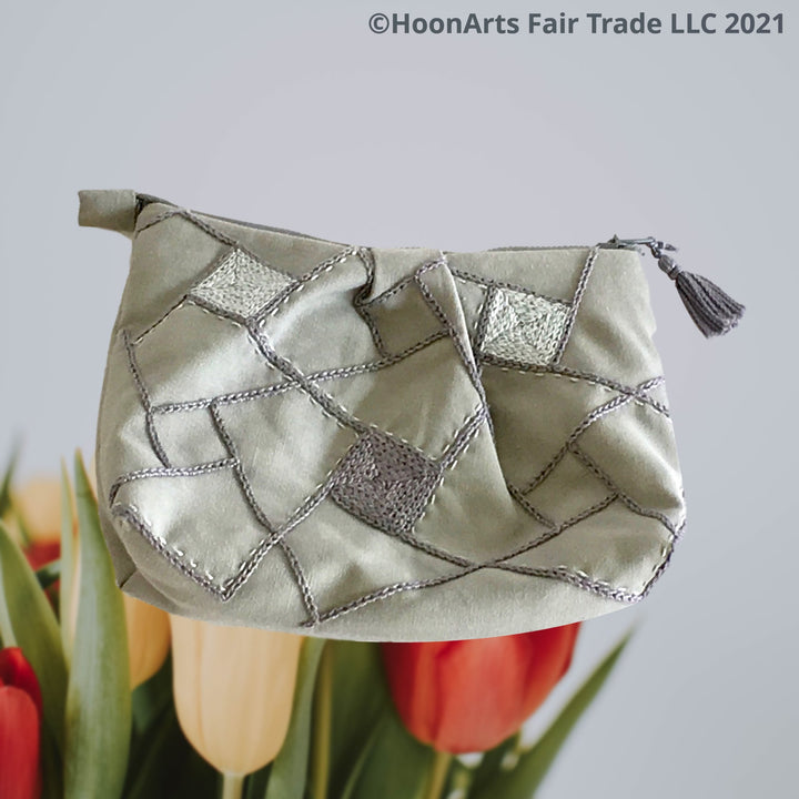 Beautiful Grey Geometric Design Pattern Embroidered In Clutch Bag | HoonArts