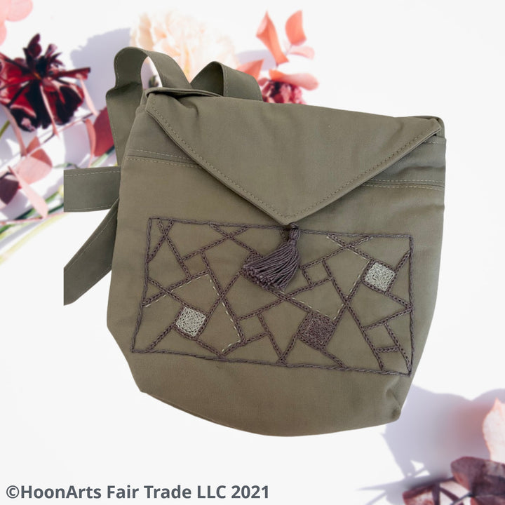 Cross-Body Shoulder Bag Framed Embroidered Grey Geometric Patter Design | HoonArts