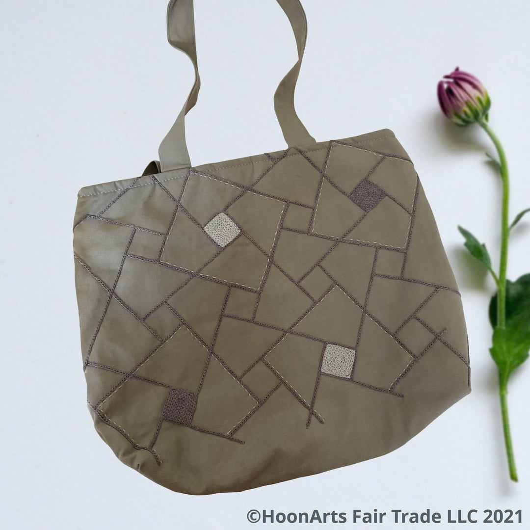 Tote Bag With Embroidered Grey Geometric Design | HoonArts