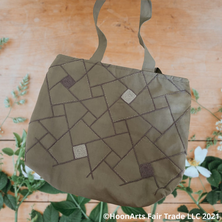 Embroidered Grey Geometric Pattern Design Beautiful Tote Bag | HoonArts