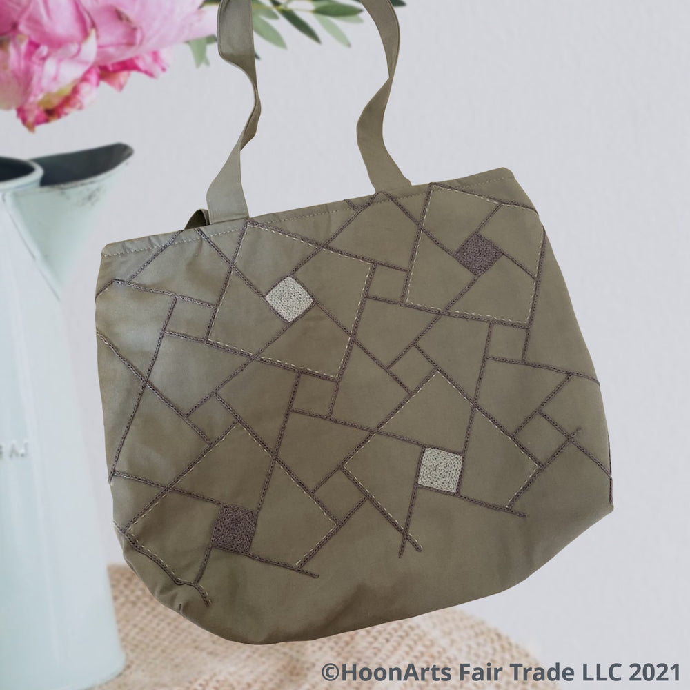 Grey Geometric Tote Bag Embroidered Pattern Design | HoonArts