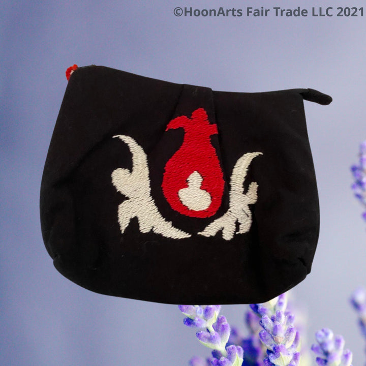 HoonArts Fair Trade Black Clutch Bag With Beautiful Embroidered Red & White Istaravshan Pattern