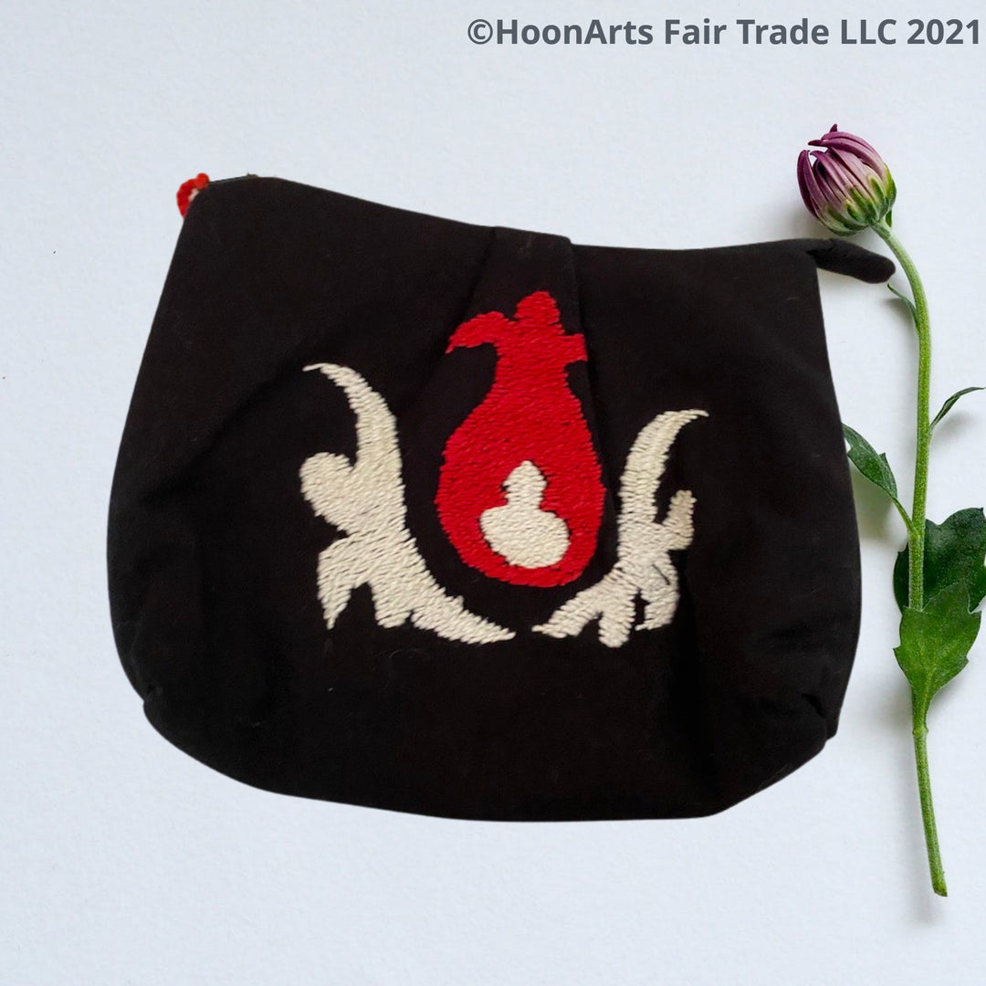 Beautiful Red & White Embroidered Design Black Clutch Bag Good For Carrying Tiny Essentials 