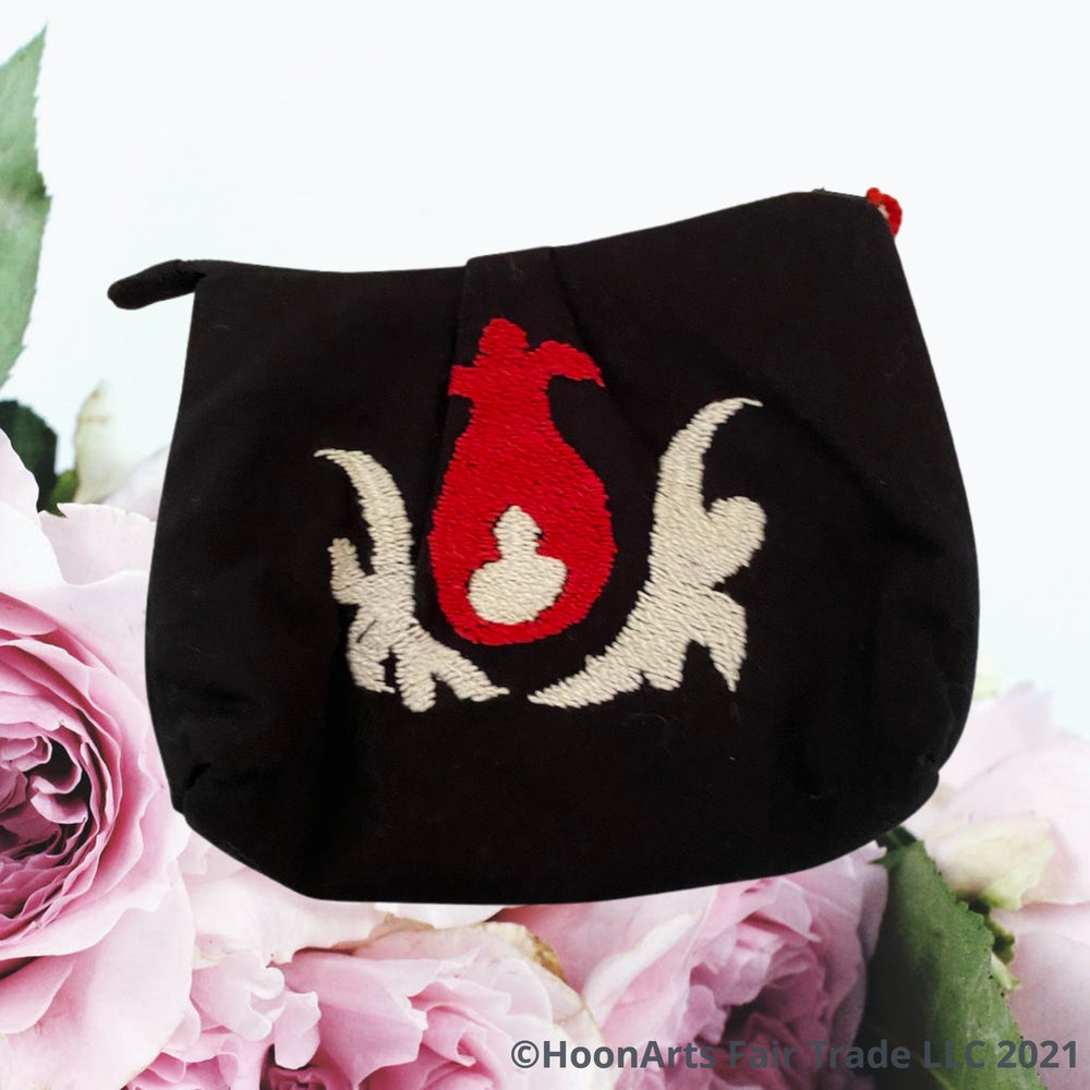 Red & White Istaravshan Pattern Embroidered To Black Clutch Bag | HoonArts