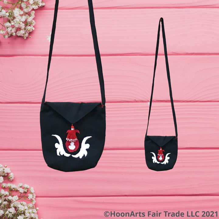Embroidered Red And White Istaravshan Pattern On Black Shoulder Bag | HoonArts