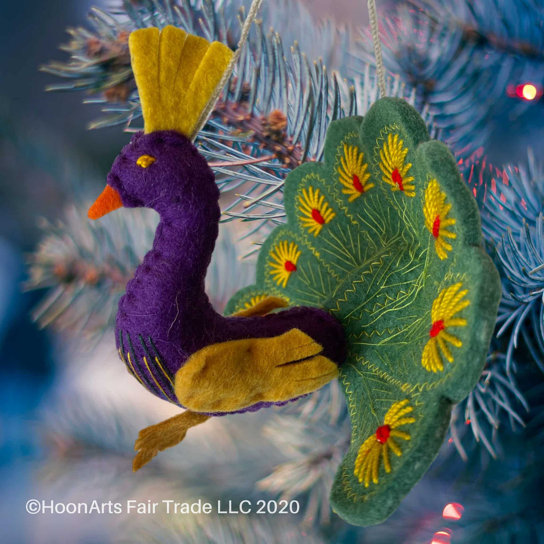 Handmade Felted Christmas Ornament from Kyrgyzstan-Peacock