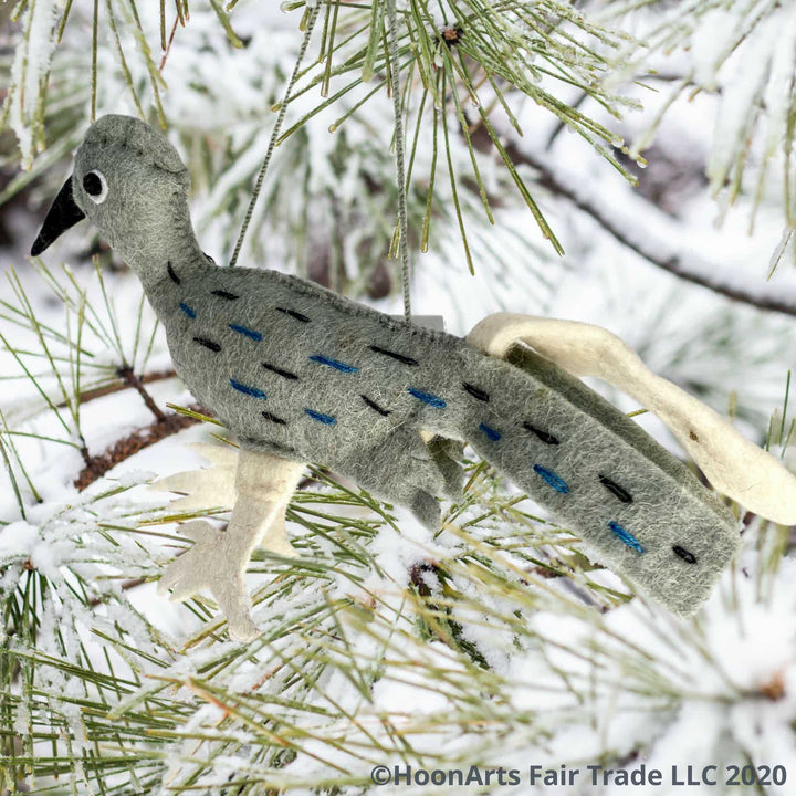 Handmade Felt Roadrunner Bird-Christmas Ornament-grey with white feet and white tail feather