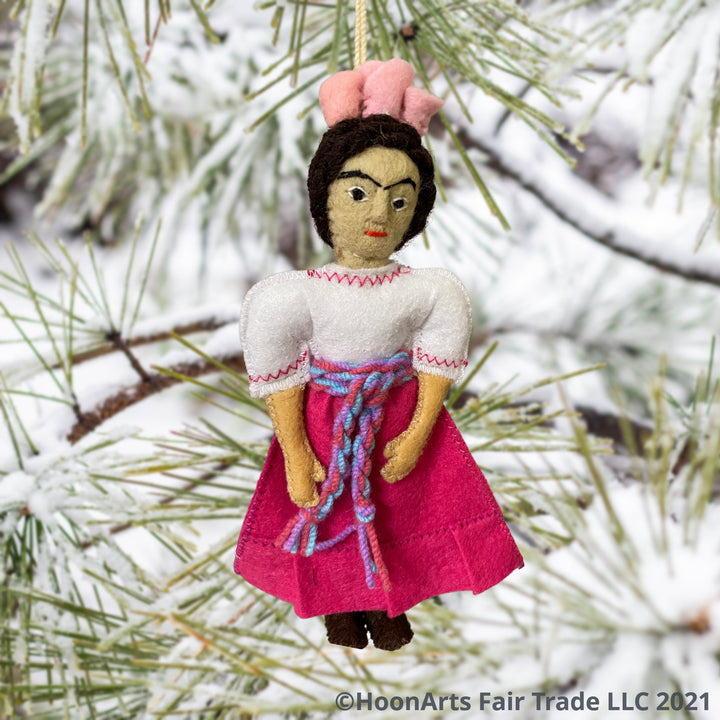 Adorable Fair Trade Felt Christmas Ornament-Frida Kahlo in Pink skirt and white blouse | HoonArts