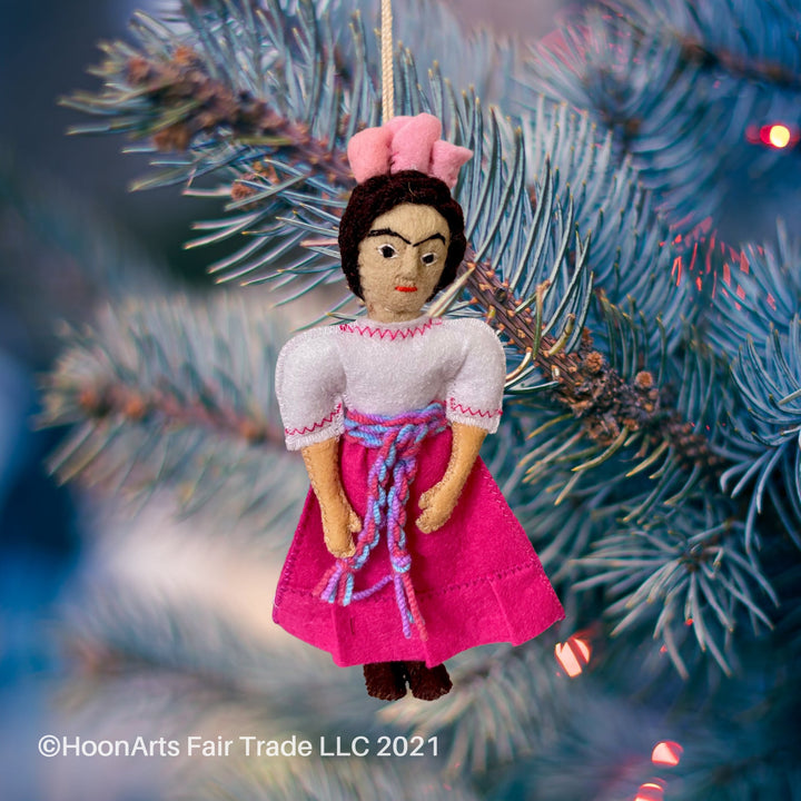 Handmade Felt Ornament from Kyrgyzstan-Frida Kahlo Wearing Long Pink Skirt, White Peasant Blouse, with light pink headdress and pink and blue woven belt