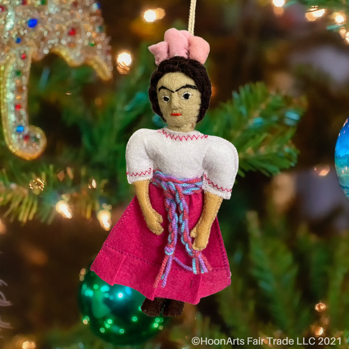 Frida Kahlo Felt Christmas Ornament-Handmade in Kyrgyzstan-Wearing pink skirt, white peasant style blouse and large pink hat | HoonArts