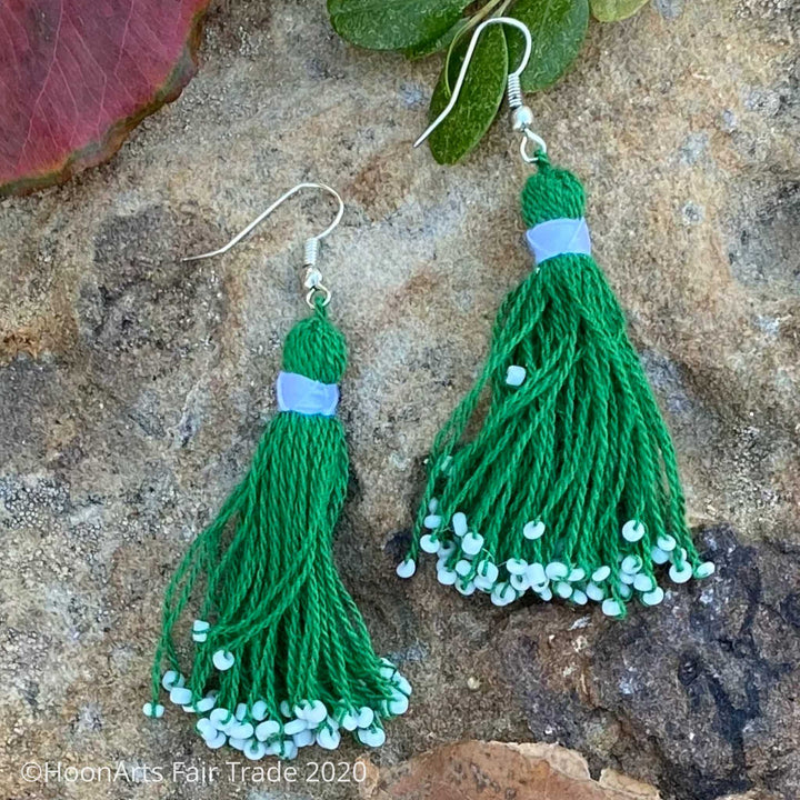 Handmade Beaded Tassel Earrings from Tajikistan Green 1
