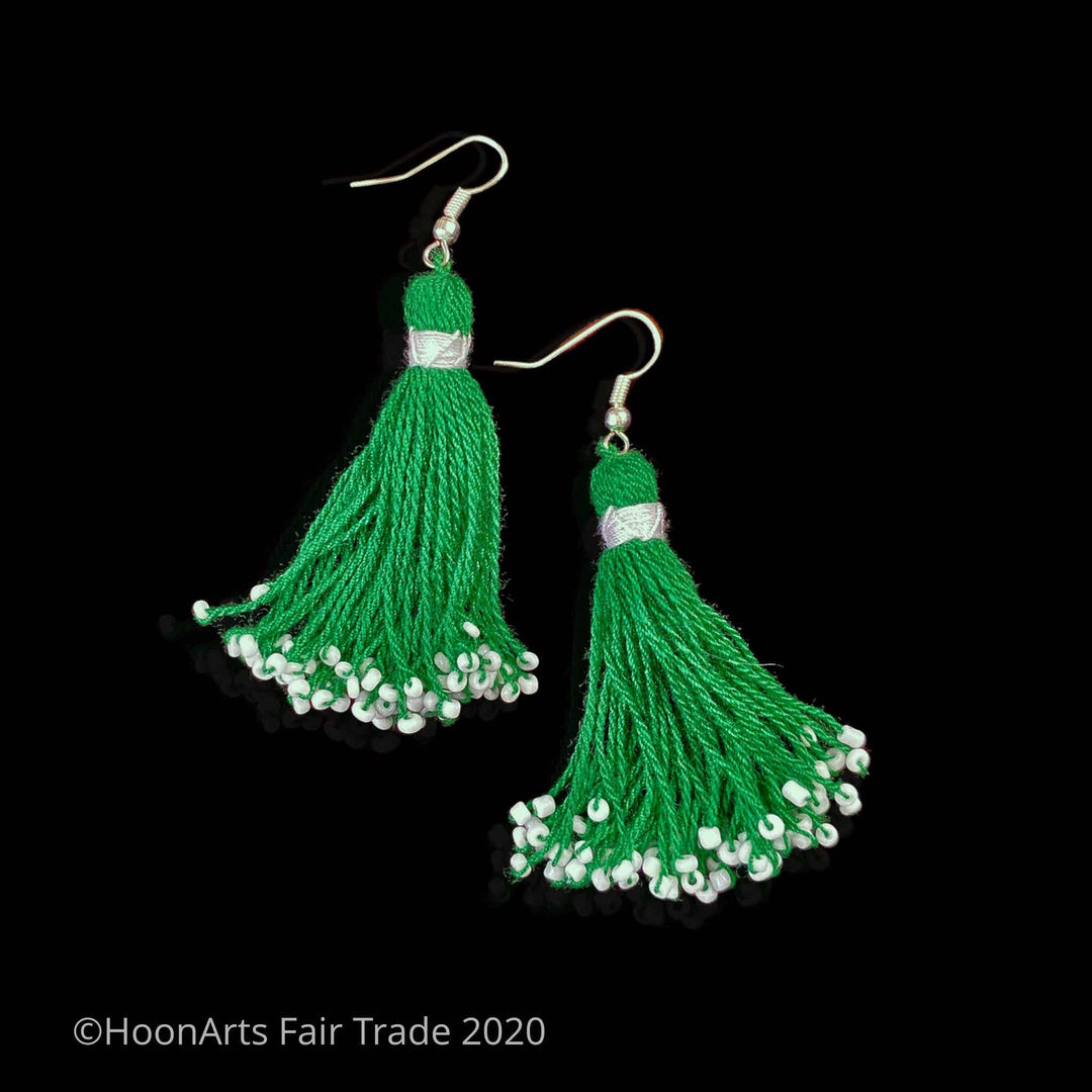 Handmade Beaded Tassel Earrings from Tajikistan Green 2