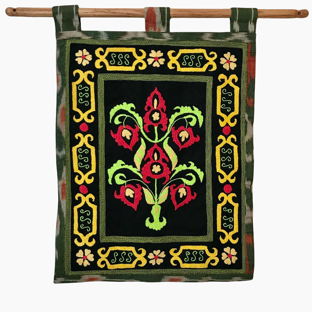 Hand Embroidered Suzani Wall Hanging Green on Black from Tajikistan | HoonArts