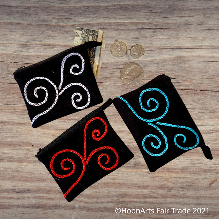 Hand-Embroidered Swirl Coin Purse - in red, white, or blue - made in Tajikistan