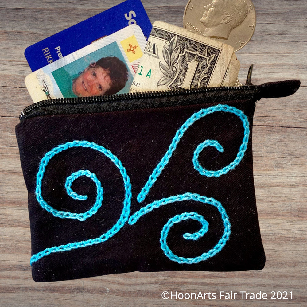 Hand-Embroidered Swirl Coin Purse in Blue - made in Tajikistan