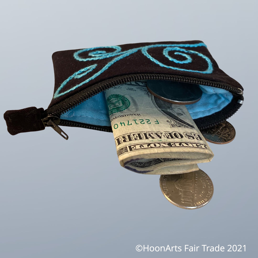 Hand-Embroidered Swirl Coin Purse in Blue - made in Tajikistan