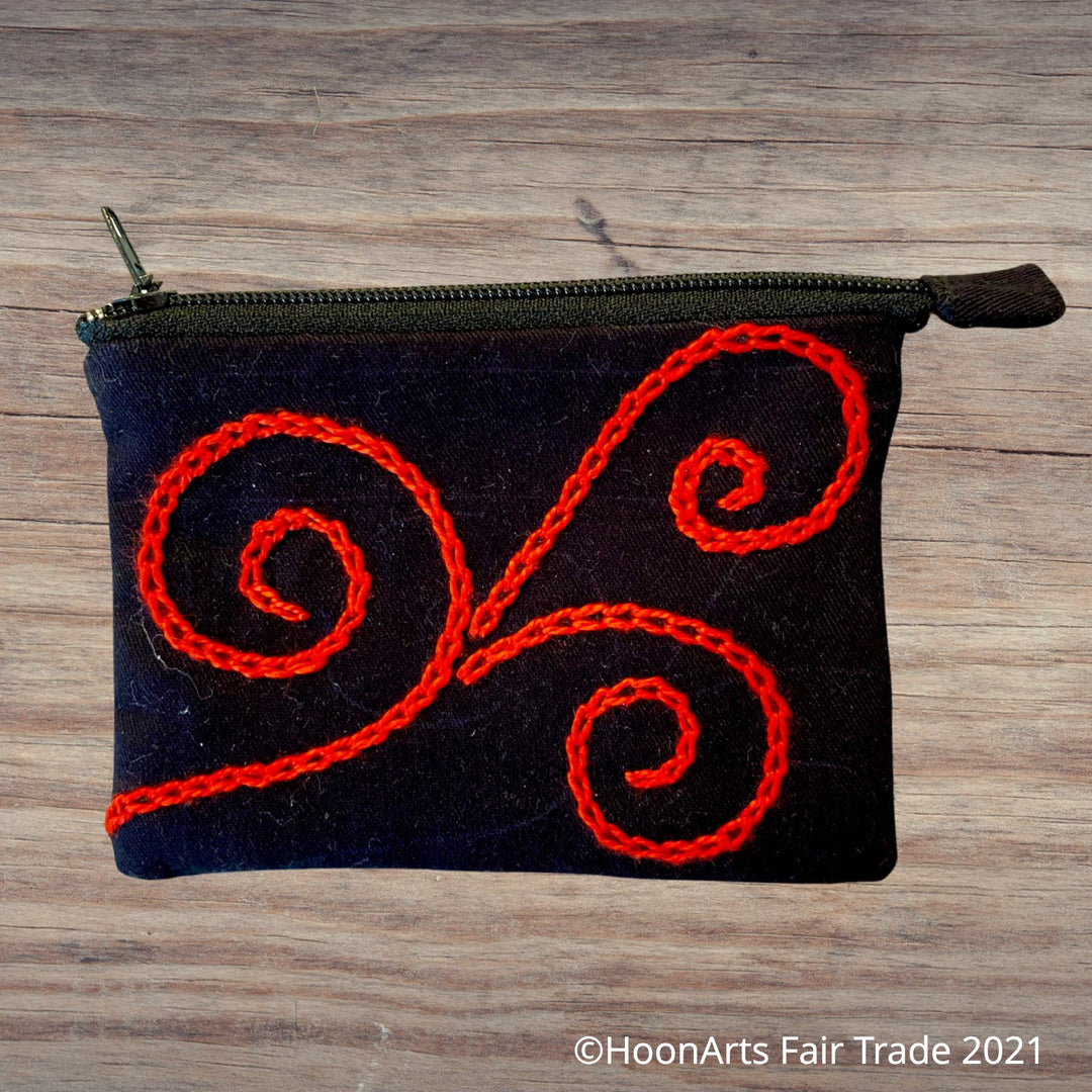 Hand-Embroidered Swirl Coin Purse in Red - made in Tajikistan