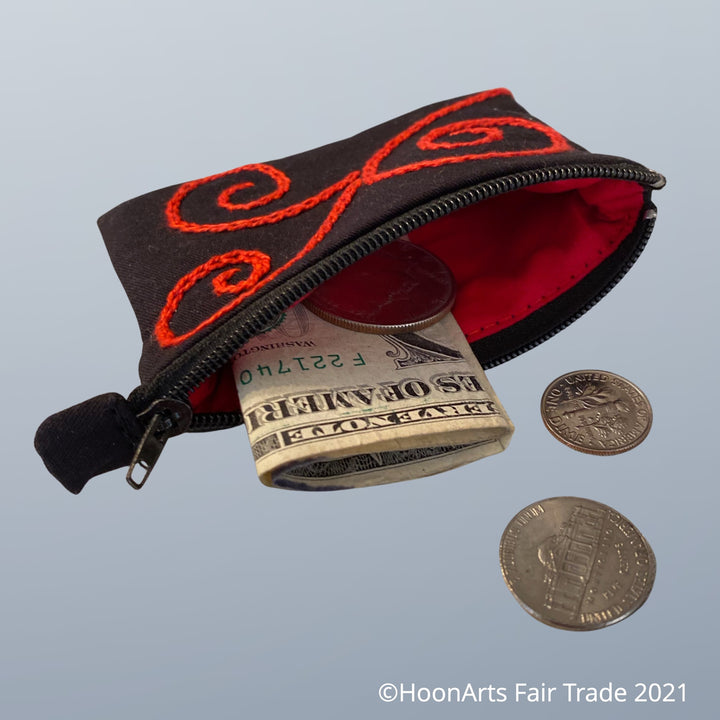 Hand-Embroidered Swirl Coin Purse in Red - made in Tajikistan