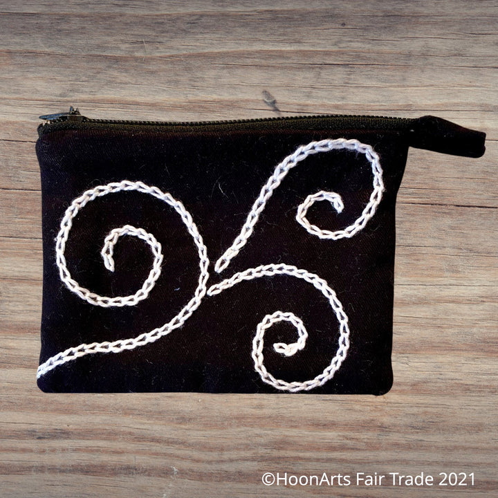 Hand-Embroidered Swirl Coin Purse in White - made in Tajikistan