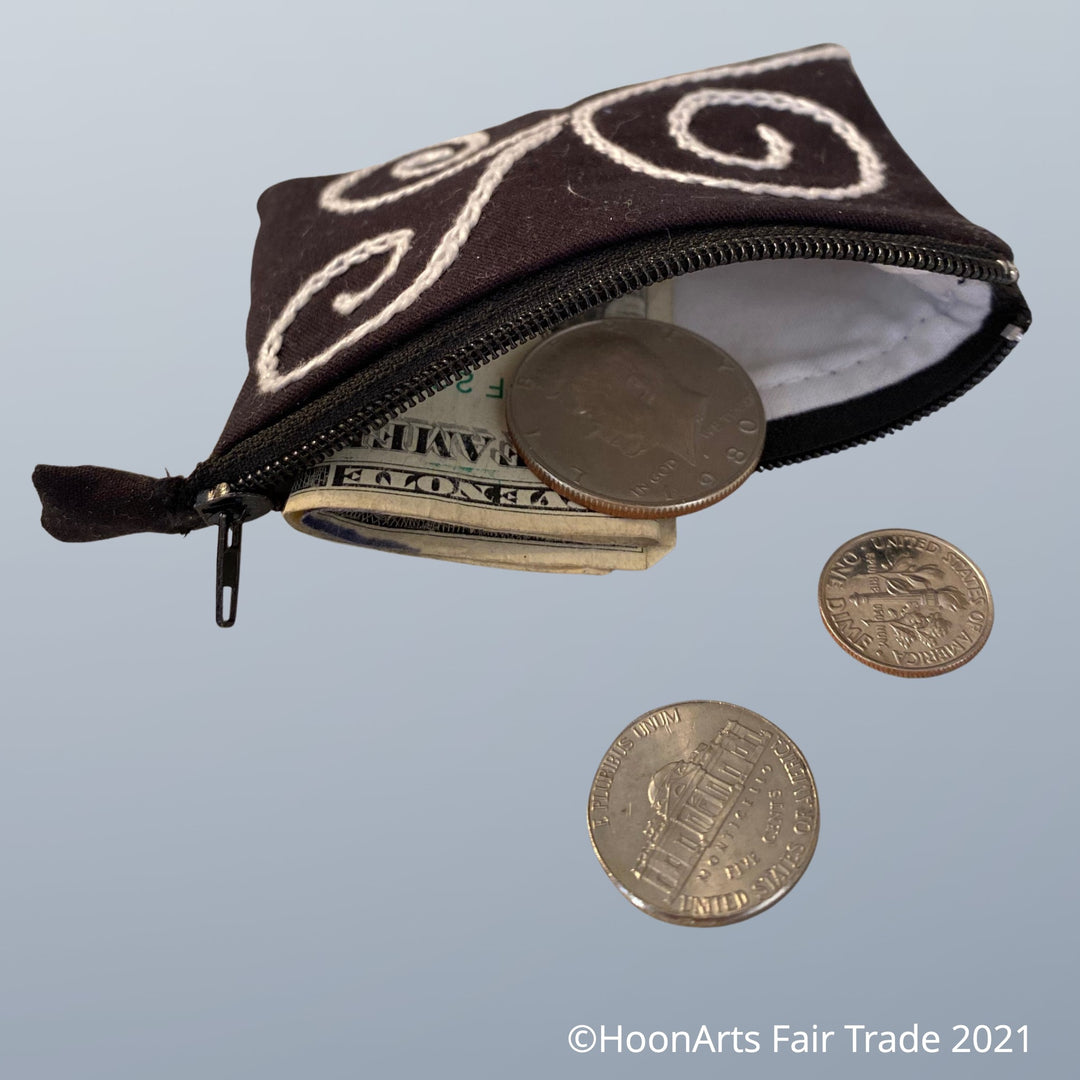 Hand-Embroidered Swirl Coin Purse in White - made in Tajikistan