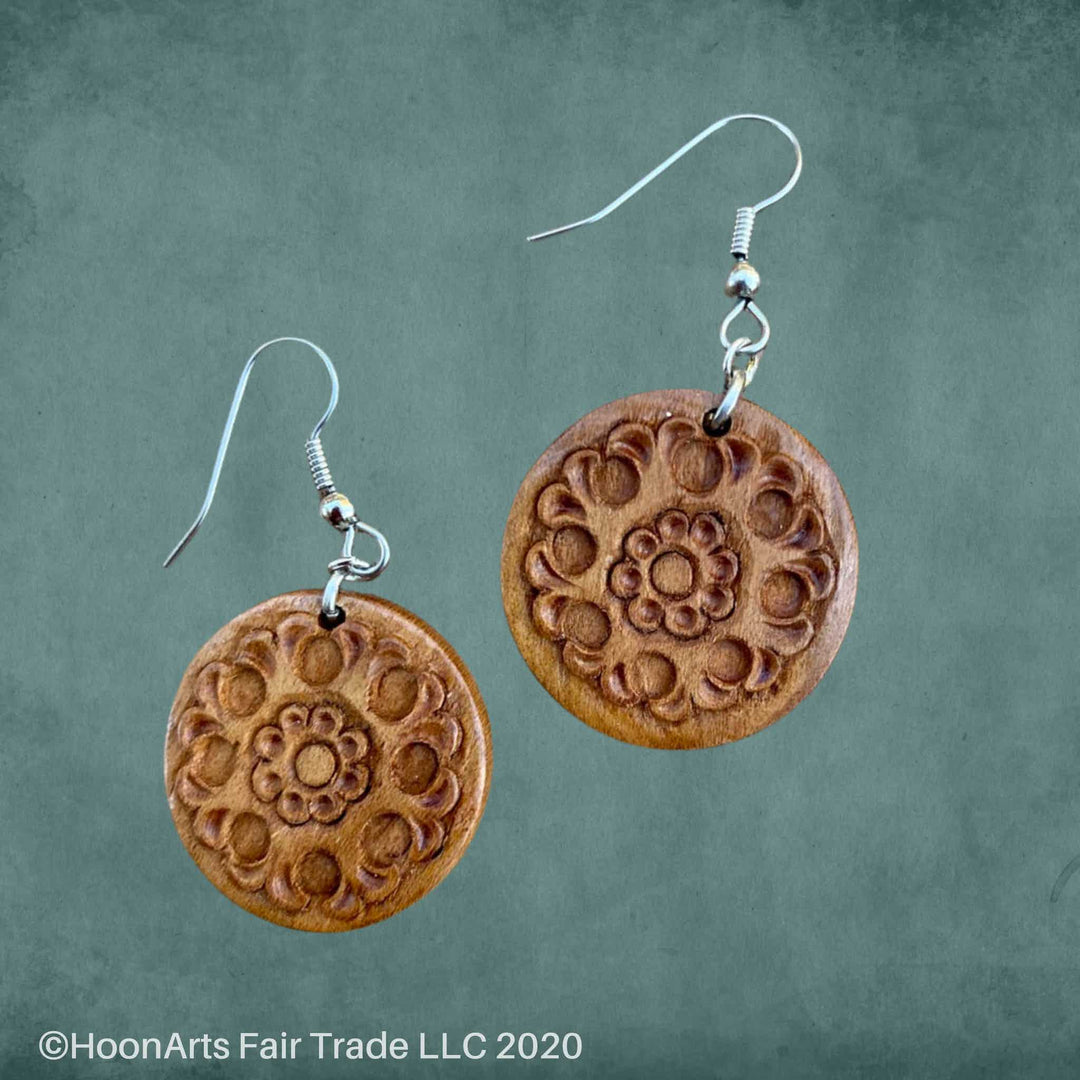 Hand Carved Wooden Earrings-Round