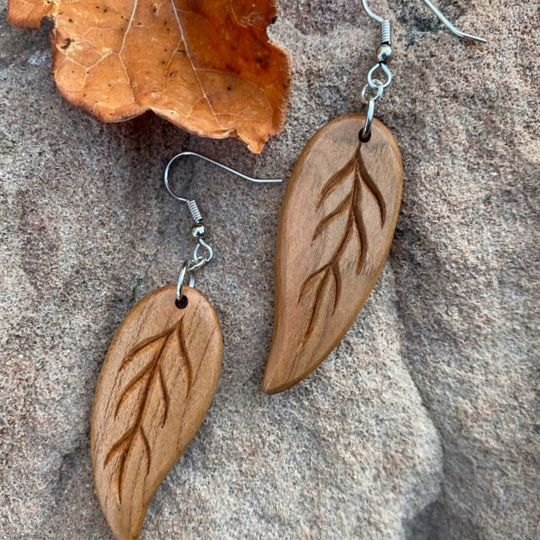 Wooden earrings - leaf shape carved on apricot wood