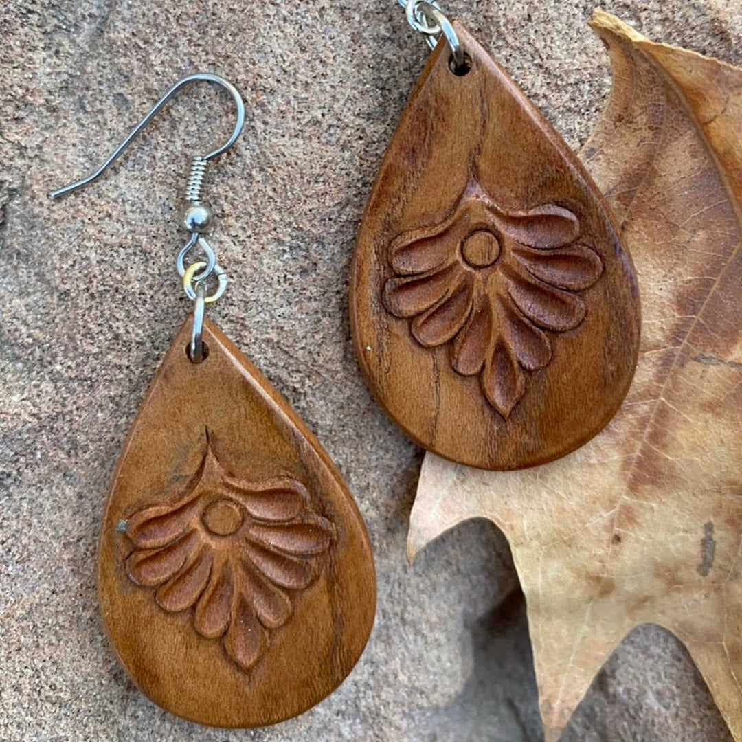 Wooden earrings - teardrops with flowers hand carved on apricot wood