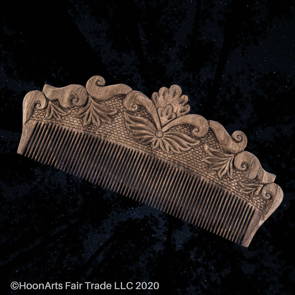 Hand Carved Large Comb with Floral Decorations-Solid Walnut from Tajikistan Master | HoonArts