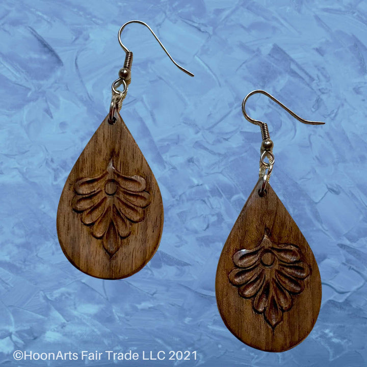 Wooden earrings - teardrops with flowers hand carved on apricot wood