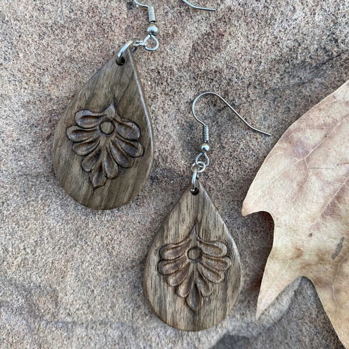 Wooden earrings - teardrops with flowers hand carved on walnut wood