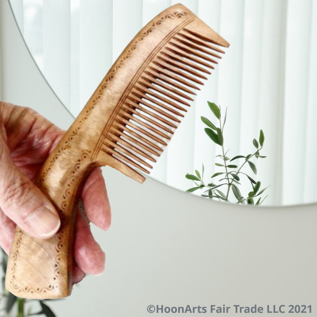 Hand Carved Wooden Comb with Handle-Walnut - Fair Trade (Wide Teeth or Narrow Teeth) - HoonArts - 3
