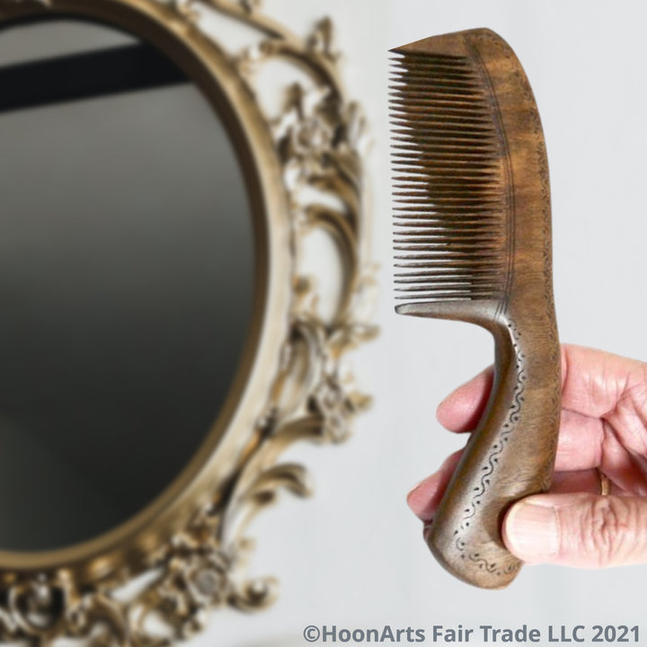 Hand Carved Wooden Comb with Handle-Walnut - Fair Trade (Wide Teeth or Narrow Teeth) - HoonArts - 1